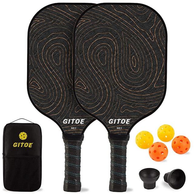 GITOE Pickleball Paddles, Carbon Fiber Pickleball Set of 2 Rackets & 4 Pickle Balls Great Control Lightweight Graphite Raquettes with 2 Retriever, Pickelball Gifts for Women Men Kids