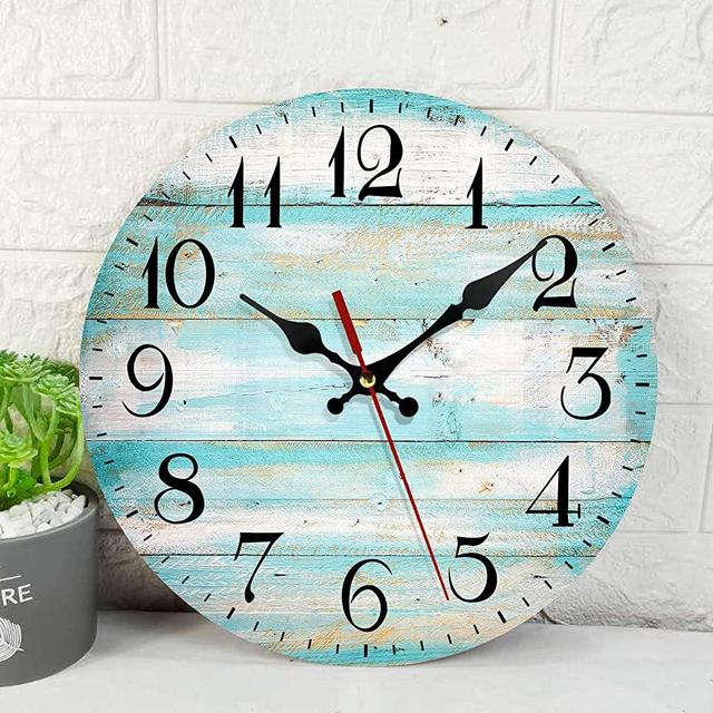 Wooden Wall Clock Silent Non-Ticking , Vintage Beach Wood Old Teal Round Rustic Wall Clocks Decor for Home Kitchen Living Room Office, Battery Operated(12 Inch)