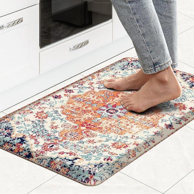 MAYHMYO Boho Kitchen Mat Anti Fatigue Ethnic Kitchen Cushioned Floor Mat Orange Blue Kitchen Rugs Non Slip Cool Rugs for Kitchen Floor Office