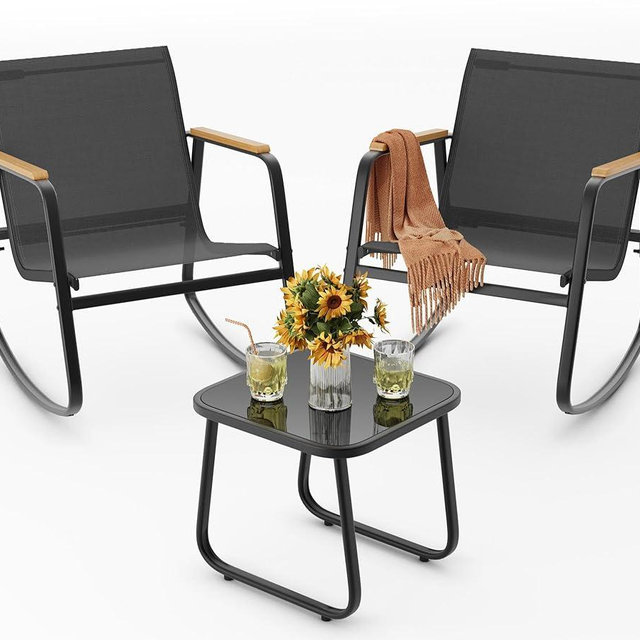 Ahomly 3 Pieces Patio Furniture Set Textilene Fabric Outdoor Patio Rocking Bistro Set with Wooden Armrests and Coffee Table for Lawn, Porch, Balcony, Poolside, Black