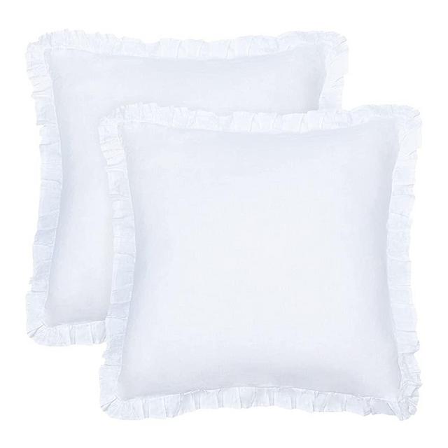 PHF 100% French Linen Euro Sham with Ruffle, 26" X 26", Set of 2, Home Decoration Durable Breathable Luxurious, White
