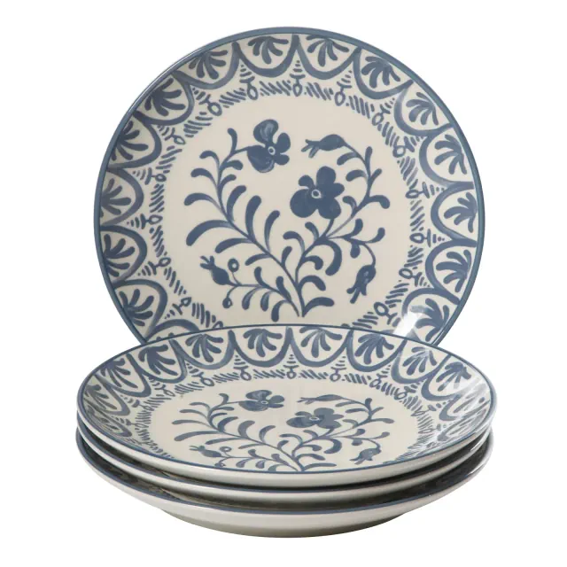 Bloomhouse – 2-Time Oprah’s Favorite Things – 4 Piece 10.75” Dinner Plate Set, Floral Stoneware Plates, Microwave & Dishwasher Safe - Iris Blue