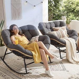 FINCATI 2 PCS Grey Indoor Outdoor Papasan Rocking Chair, Oversized Double Wide PE Wicker Recliner with Cushion and Frame, 700 lbs Capacity, Comfy Lounge Chairs for Reading, Bedroom, Balcony & Garden Grey