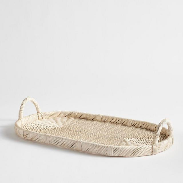 Handwoven Wicker Oval Tray - White Wash