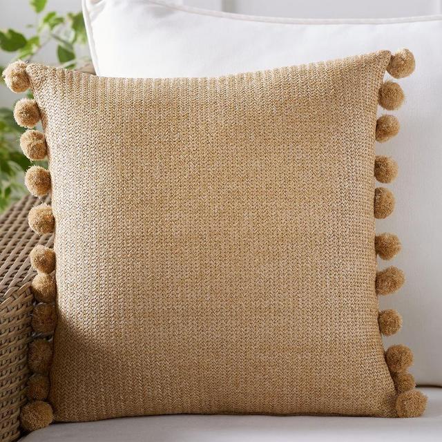 Outdoor Pom Pom Faux Natural Fiber Pillow, 18", Natural