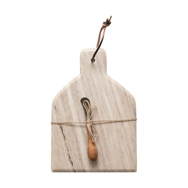 12"L x 8"W Marble Cheese/Cutting Board w/ Canape Knife, Buff Color, Set of 2 Pieces