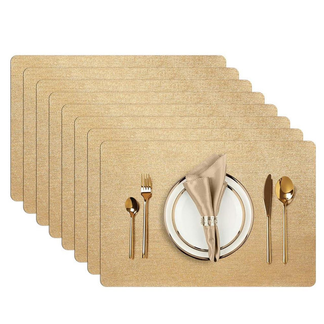 AIRCOWRIE Placemats for Dining Table Set of 8, Heat-Resistant Placemat Washable Vinyl Table Mats for Kitchen Thanksgiving Restaurant Decorations (Gold)