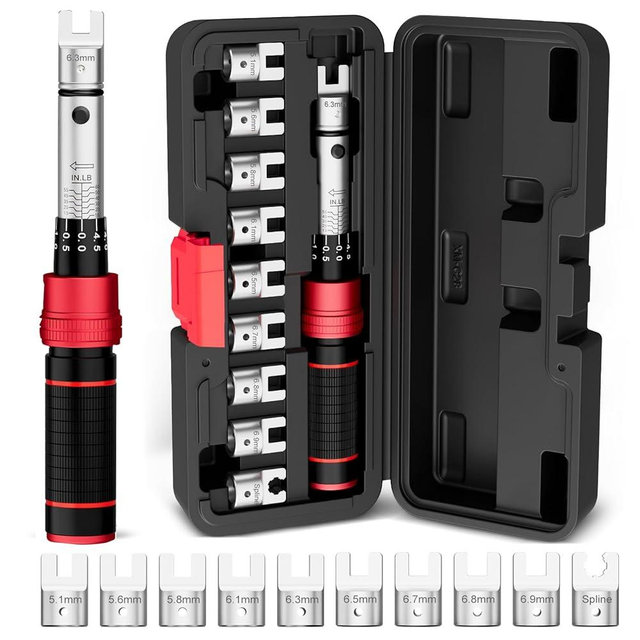 VANPO Spoke Torque Wrench 10–60 in-lb, 1/4" Drive Small Torque Wrench Kit with 9 Spoke Wrench Heads (5.1-6.9mm) & Spline, Motorcycle Spoke Wrench for Mountain, Road Bike & Motorcycle Wheel Maintenance