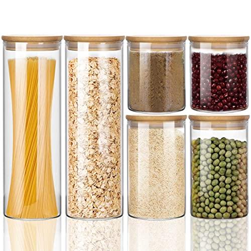 Wennyn Glass Jars for Food Storage, Airtight Glass Food Canisters for Home and Kitchen, BPA Free Containers with Bamboo Lids for Candy, Rice, Coffee, Tea, Cookie, Sugar, Flour, Pasta, Nuts, 6 Pack