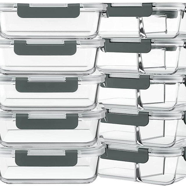 KOMUEE 10 Packs Glass Meal Prep Containers 2&1 Compartment,Glass Food Storage Containers with Lids,Airtight Glass Lunch Bento Boxes,BPA Free,Oven,Freezer and Dishwasher Safe