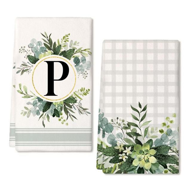 GEEORY Monogram Letter P Kitchen Towels for Home Decor Eucalyptus Leaves Family Last Name Initial Dish Towels 18x26 Inch Ultra Absorbent Bar Drying Cloth Hand Towel Bathroom Decorations Set of 2