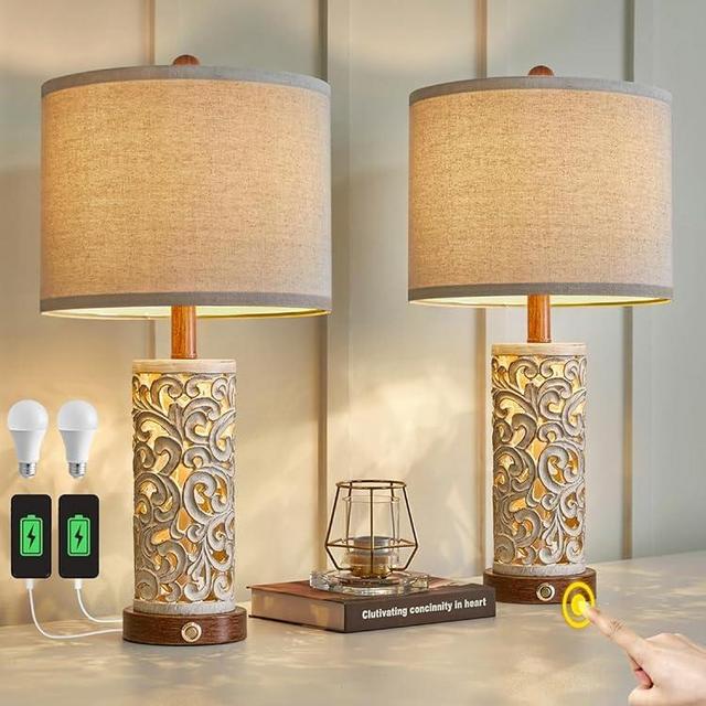 OYEARS 3-Way Dimmable 22'' USB A+C Touch Control Table Lamp Set of 2 with Nightlight for Living Room Bedroom Farmhouse Bedside Nightstand Lamps (Brown,2 Bulbs and 2 Built-in LED Beads Included)
