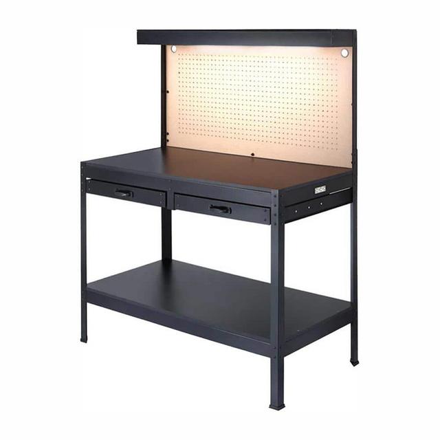 Black Steel Workbench with Built-In Power and Lighting