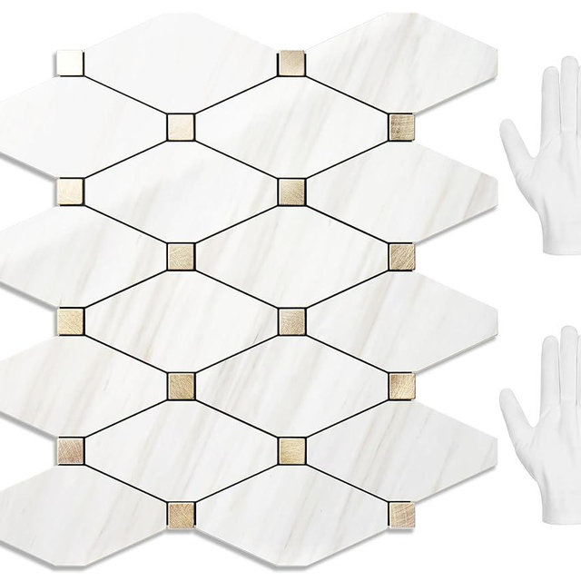 STICKGOO 10 Sheets Peel and Stick Backsplash, Polished Dolomite PVC Mixed Metal Gold Kitchen Backsplash, Stick on Backsplash Wall Tiles for Kitchen, Bathroom, RV