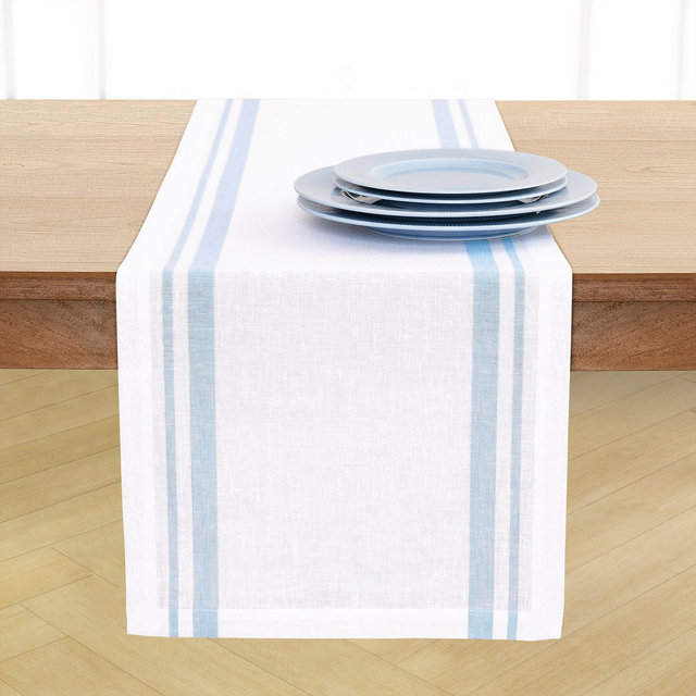 Solino Home Striped Linen Table Runner Dusty Blue and White 14 x 156 Inches - French Stripe for Kitchen Dining Table Decor