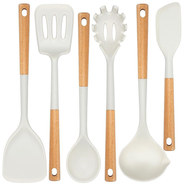 NCUE Kitchen Utensils Set, Large Non-stick Silicone Cooking Utensils Set 6 Pcs, Wooden Handle Heat Resistance Silicone Spatula Soup Ladle Pasta Server Kitchen Gadgets Utensils Set BPA Free (White)