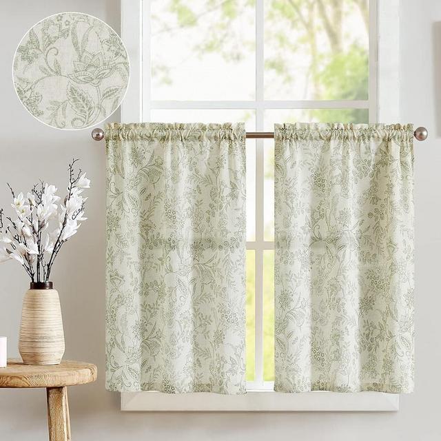 jinchan Floral Kitchen Curtains 36 Inch Linen Tier Curtains Farmhouse Cafe Curtains Country Botanic Small Window Curtains Rod Pocket Rustic for Laundry Room Bathroom RV 2 Panels Sage Green on Beige