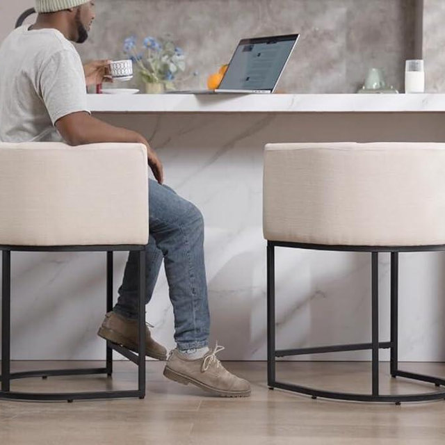 RIVOVA Contemporary Cream Linen Bar Stools Set of 2, 24" Upholstered Fabric Counter Height Barstools Kitchen Counter Island Stools with Black Metal Base, Cream