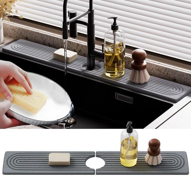 Slow Slog Quick Dry Sink Splash Guard, Instant Dry Stone Sink Tray around Faucet, Splatter Screens Extended 23.6" Faucet Mat for Kitchen Sink, Sink Faucet Mat for Countertop Bathroom, Dark Gray