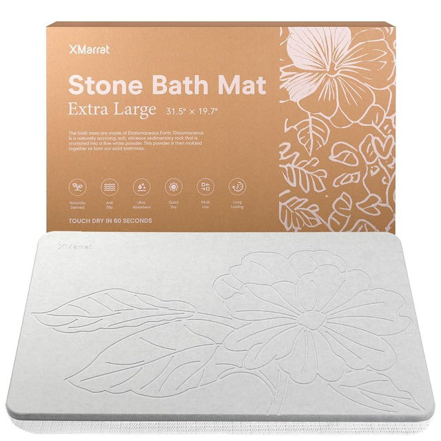 XMarrat Extra Large Stone Bath Mat Large, 31.5'' x 19.7'' Diatomaceous Earth Non-Slip Stone Shower Mat, Super Absorbent Diatomite Stone Mats for Bathroom, Quick Drying, Easy to Clean (Light Gray)