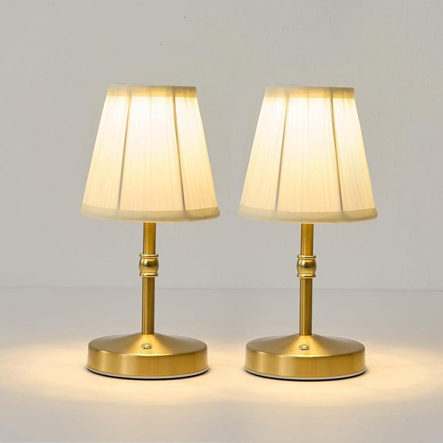 Cordless Mini Lamps Gold,3000 mah Battery Operated Lamp,3 Color Temperature Dimmable Table Lamp,Small Rechargeable Table Lamp Fabric,Aesthetic Small Kitchen Lamp for Counter,Dinner (Gold,2 Pack)