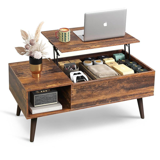 WLIVE Coffee Table, 39" Lift Top Coffee Table with Hidden Compartment, Small Rising Wooden Dining Center Table for Home Living Room, Office, Rustic Brown