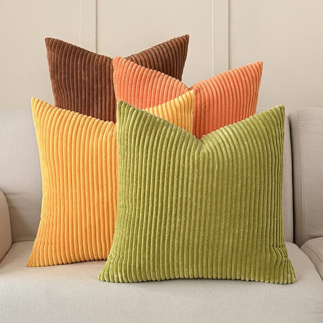 Volcanics Set of 4 Fall Orange Corduroy Decorative Throw Pillow Covers 18x18 Inch, Modern Yellow Green Gradient Couch Pillow Covers, Rustic Western Striped Cushion Covers for Bed Sofa Living Room