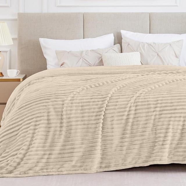 BEDELITE Fleece Throw Blanket for Couch, 300GSM Soft & Warm Fluffy Queen Blanket, Decorative and Giftable Striped Beige Blankets for Women, Men, 90"x90"