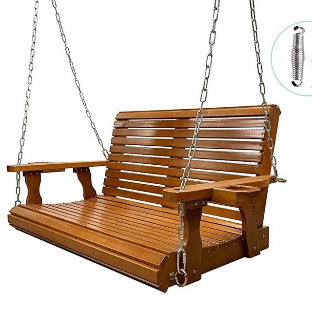Wooden Porch Swing 2-Seater, Amish Bench Swing with Cupholders, Hanging Chains and 7mm Springs, Heavy Duty 800 LBS, for Outdoor Patio Garden Yard (4 ft.)