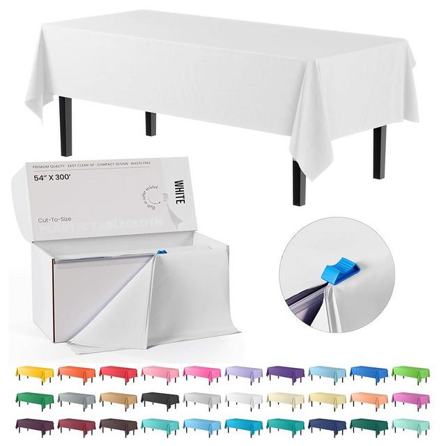 Exquisite Party Solids 54 Inch X 300 Feet White Plastic Table Cover Roll in A Cut - to - Size Box with Convenient Slide Cutter. Cuts Up to 36 Rectangle 8 Feet Plastic Disposable Tablecloths