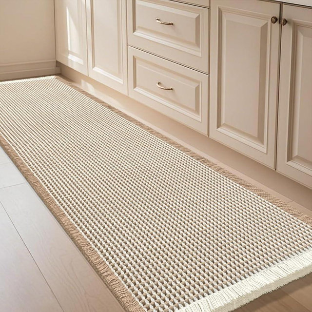 IM HOME Extra Large Waffle Bath Mat Brown & Cream 6'x2', Boho Woven Modern Bath Mat Rugs, Absorbent Non Slip Bathroom Rugs, Soft Washable Bath Rugs with Tassels for Bedroom, Kitchen, Shower, Tub