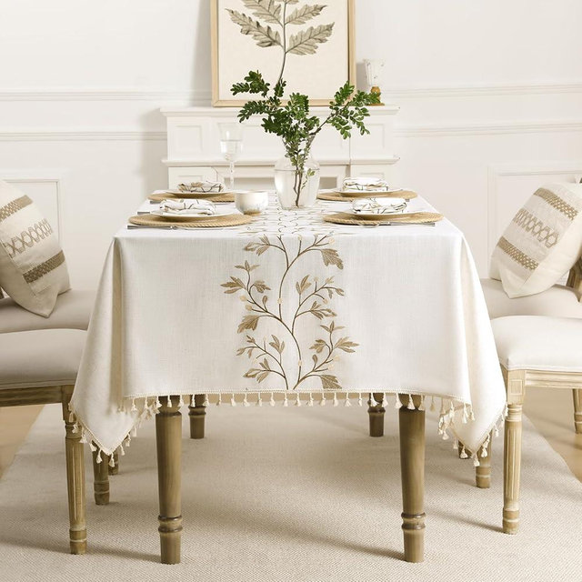 GRASiMOSY Boho Tablecloth Rectangle, Linen Cotton Tablecloth with Tassels, Heavy Duty Table Cloth with Maple Vine, Floral Farmhouse Table Cover Cloth Decorative for Kitchen Dining (55x94 Inch)