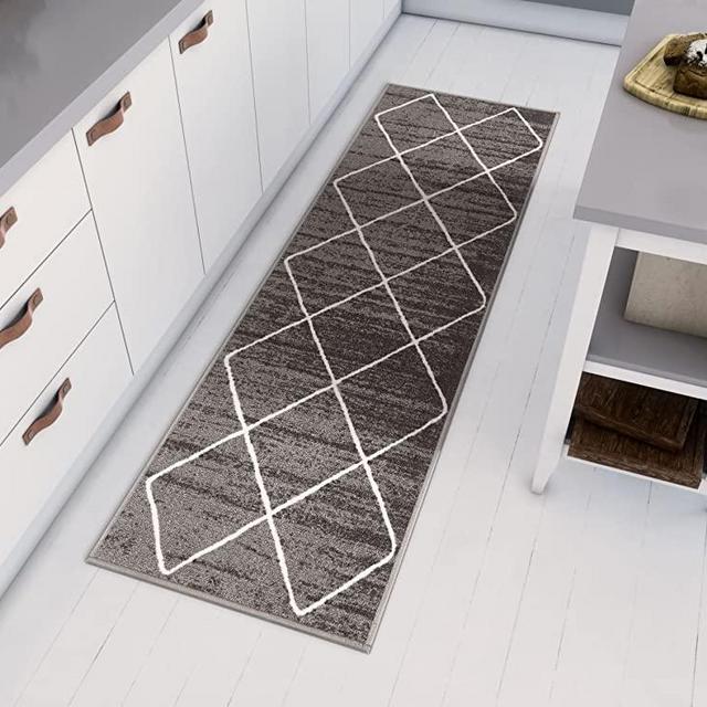 Well Woven Non-Skid/Slip Rubber Back Antibacterial 2x7 (2' x 7' Runner) Diamond Lattice Print Grey Thin Low Pile Machine Washable Indoor Outdoor Area Rug