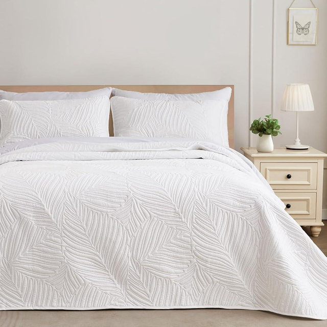Exclusivo Mezcla Queen Quilt Bedding Set, Lightweight White Quilts Queen Full Size for All Seasons, Soft Microfiber Bedspreads Coverlets Bed Cover with Leaf Pattern, 3 Piece