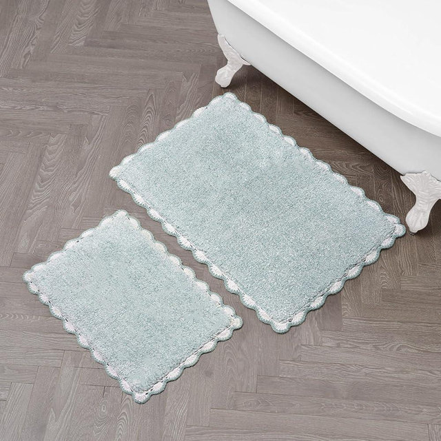 Laura Ashley Heathered Crochet Border 100% Cotton 17" x 24" / 20" x 32" 2-Piece Skid-Resistant Bath Rug Set, Aqua
