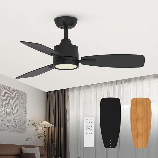 TALOYA 42 Inch Black Ceiling Fan with Led Light Remote Control Flush Mount Low Profile for Bedroom Farmhouse Patio Outdoor Living Room Kitchen Dining Room,DC Motor,Reversible,3 Color Temperatures,