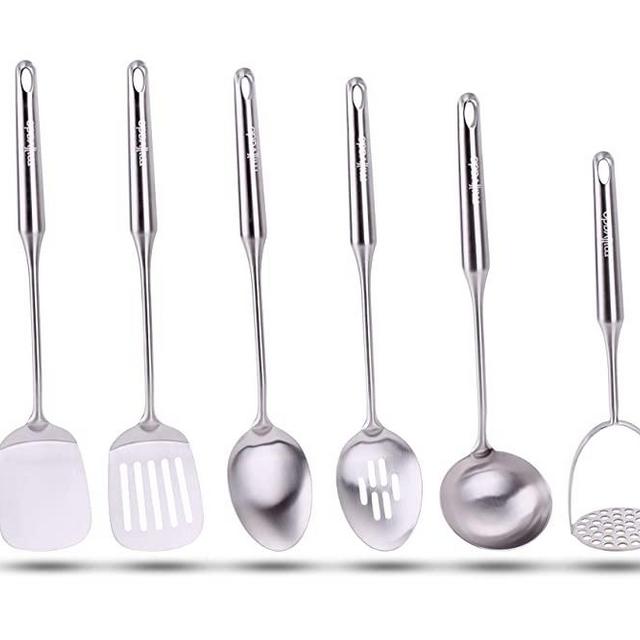 Millvado Stainless Steel Utensil Set: Set of 6 Cooking and Serving Kitchen Tools - Solid Spoon, Slotted Spoon, Solid Turner, Slotted Turner, Soup Ladle, Potato Masher - Ergonomic Handles