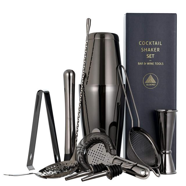 Aloono 11-piece Cocktail Shaker Bar Set: 2 Weighted Boston Shakers, Cocktail Strainer Set, Double Jigger, Cocktail Muddler and Spoon, Ice Tong and 2 Liquor Pourers - Essential Mixology Bartender Kit
