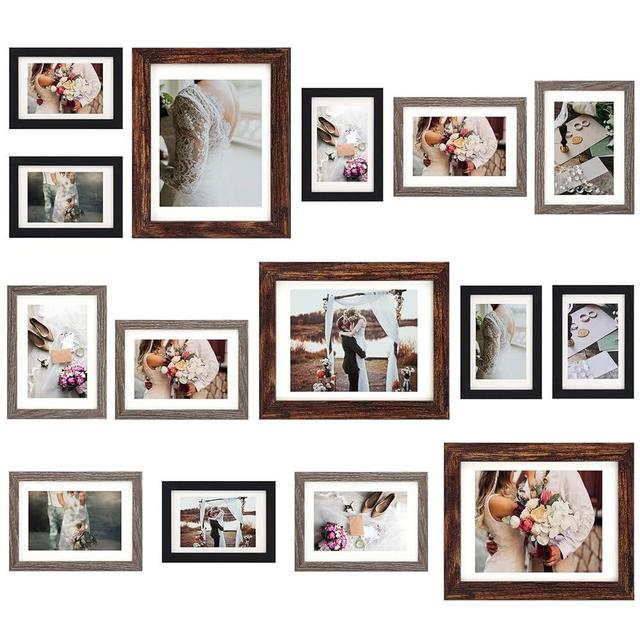 Fixwal Picture Frames Set, Picture Frames Collage 15 Pack for Wall or Tabletop with 8x10 5x7 4x6 Frames, Rustic Picture Frames in 3 Different Finishes