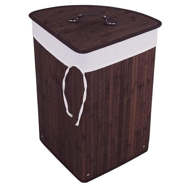 GOFLAME Corner Bamboo Laundry Hamper with Lid and Removable Liner, Washing Clothes Basket Storage Bin with Handle, Suitable for Bedroom, Bathroom, Laundry (Brown)
