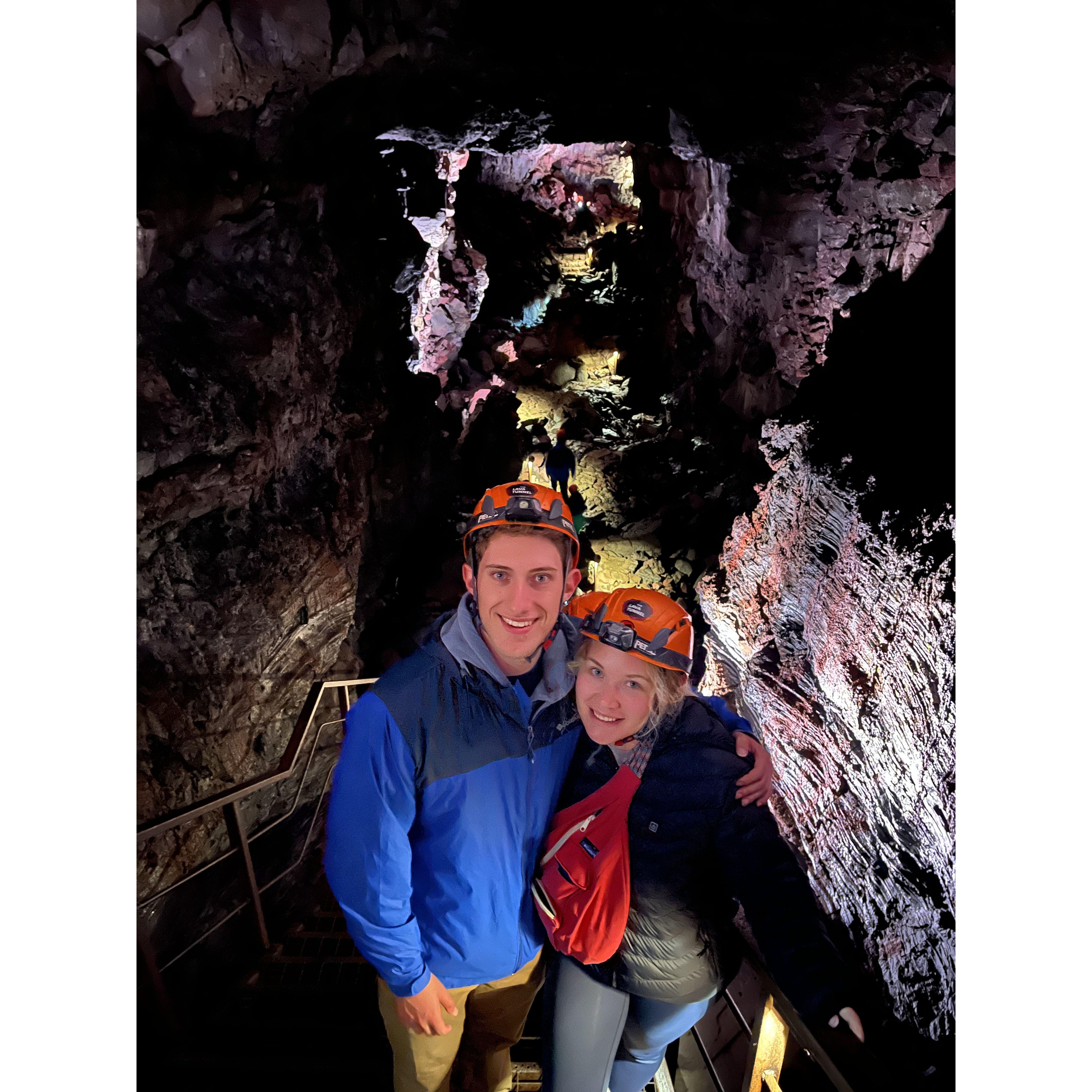 Exploring the lava caves in Iceland.