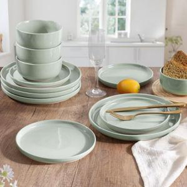 Stoneware, Plates and Bowls - Set of 12 Green