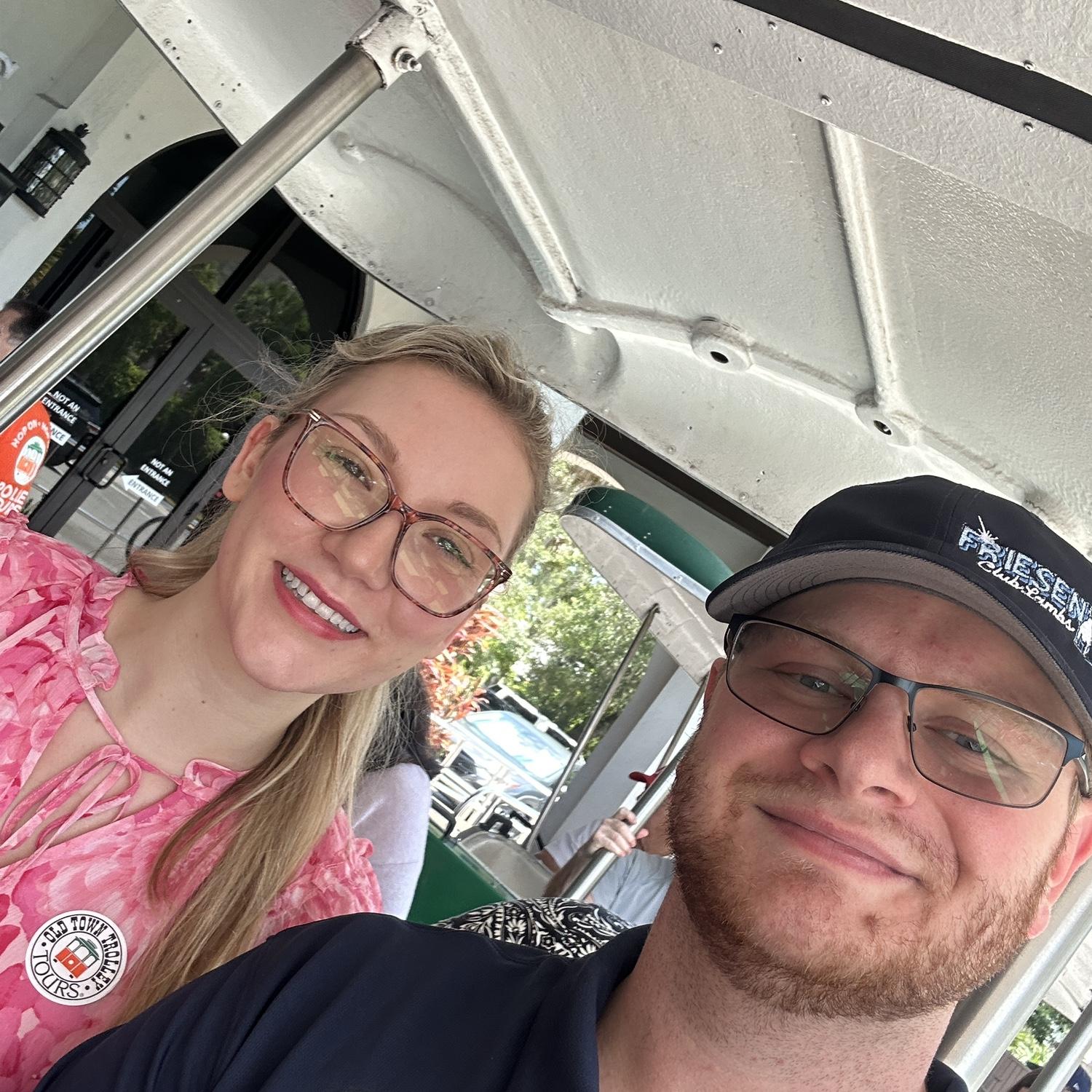 On the trolley in Florida taking a tour through St. Augustine.