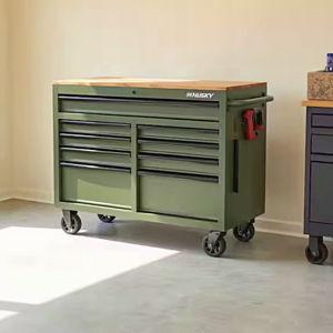 Husky 46 in. W x 18.1 in. D 9-Drawer Army Green Mobile Workbench Cabinet with Solid Wood Top H46X18MWC9ARMY-M