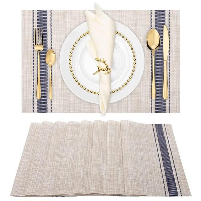 Winknowl Placemats, Set of 8 Heat Resistant Stain Resistant Non-Slip Woven Vinyl Insulation Placemats, Washable Durable Elegant Table Mats for Dining (Beige Blue)