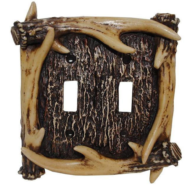 HiEnd Accents LD8200-DS-OC Rustic Antler Double Switch Decorative Wall Plate, 5" x 5" x 0.5", Brown