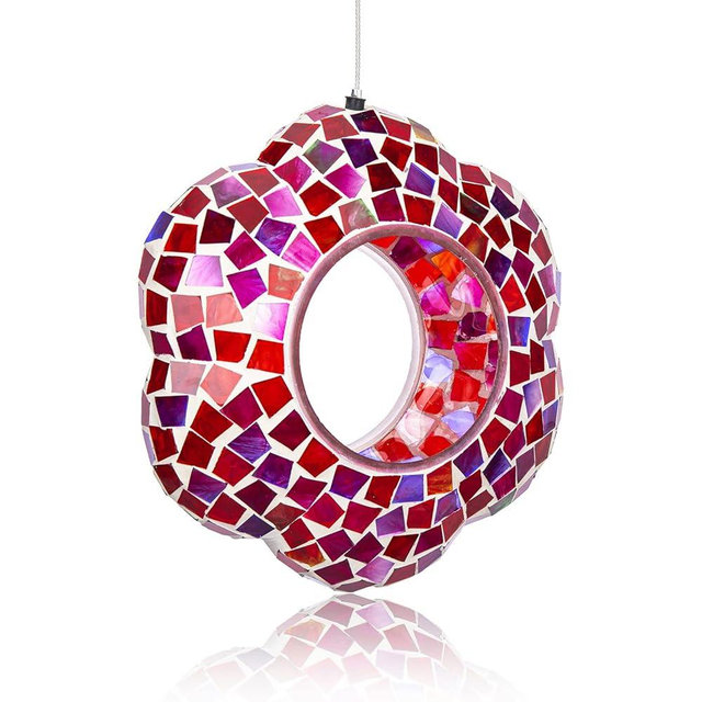 Yinns 9 inch Large Mosaic Bird Feeder, Fly Through Glass Bird Feeder, Hanging Bird Feeder with Oval Stained Glass for Outdoor Garden Decor