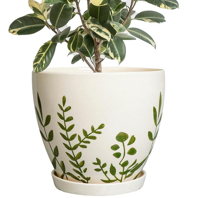 MPotTo 10 Inch Plant Pot - Ceramic Planter for Indoor Outdoor Flowers, Decorative Round Indoor Flower Pot with Drainage Hole and Saucer, Plant Lover Gifts, Garden Patio Home Office Decor, White