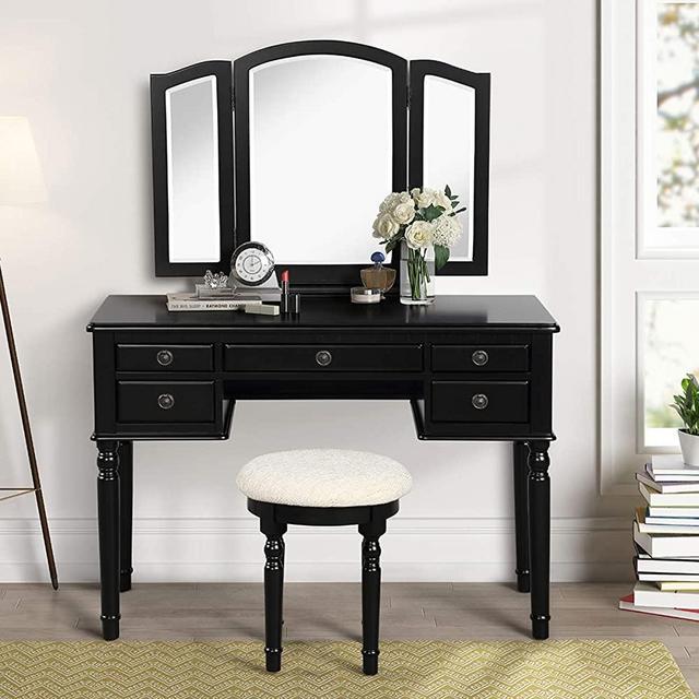 CHARMAID Vanity Set with Tri-Folding Mirror and 5 Drawers, Modern Bedroom Vanity Table with Detachable Top and 180° Rotating Mirror, Makeup Dressing Table with Cushioned Stool for Women Girls (Black)