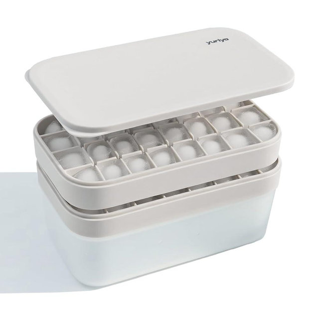 yuriya Ice Cube Tray Set with Lid & Bin, 2 Silicone Trays (32-Cube Each, 64 Total), Easy-Release, Stackable, Leak-Proof, Dishwasher Safe, Sand Beige
